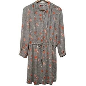 Halogen Long Sleeve Mini Dress Womens Medium M Coral Floral Chiffon Tie Waist